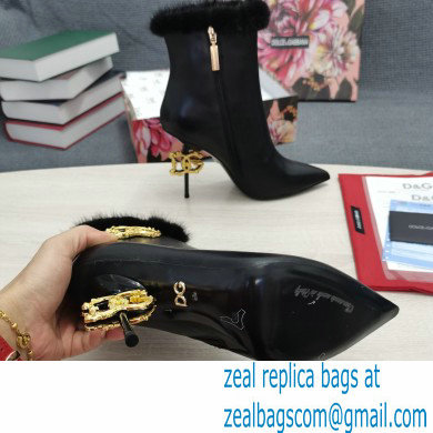 Dolce  &  Gabbana Mink Fur Thin Heel 10.5cm Leather Ankle Boots Black with Baroque DG Heel 2021